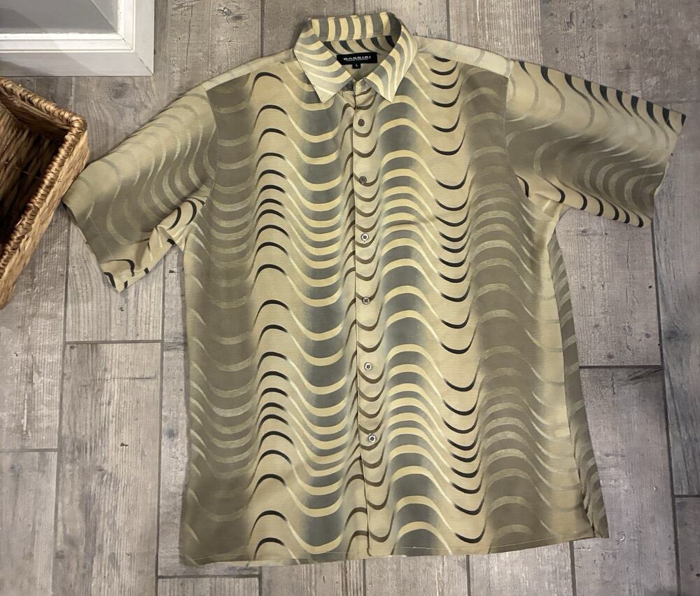Vintage Bassiri Men Large Shirt Short Sleeve Wavy Stripe Geometric Green Gold L